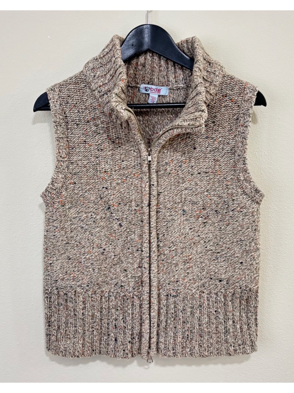 Taupe Flecked Zip-Up Knit Vest